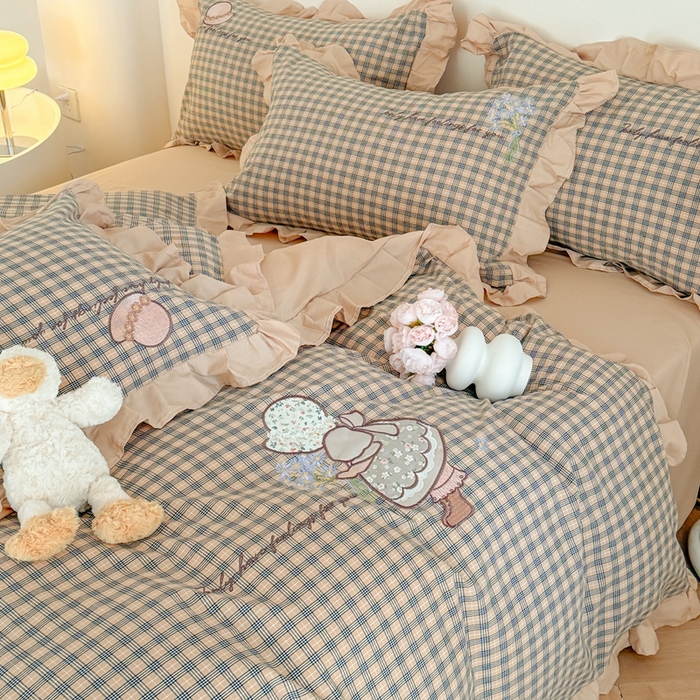 91家纺网 家纺一手货源 找家纺 优迈 2025秋冬新款色织水洗棉贴布花边款四件套 童趣-卡其