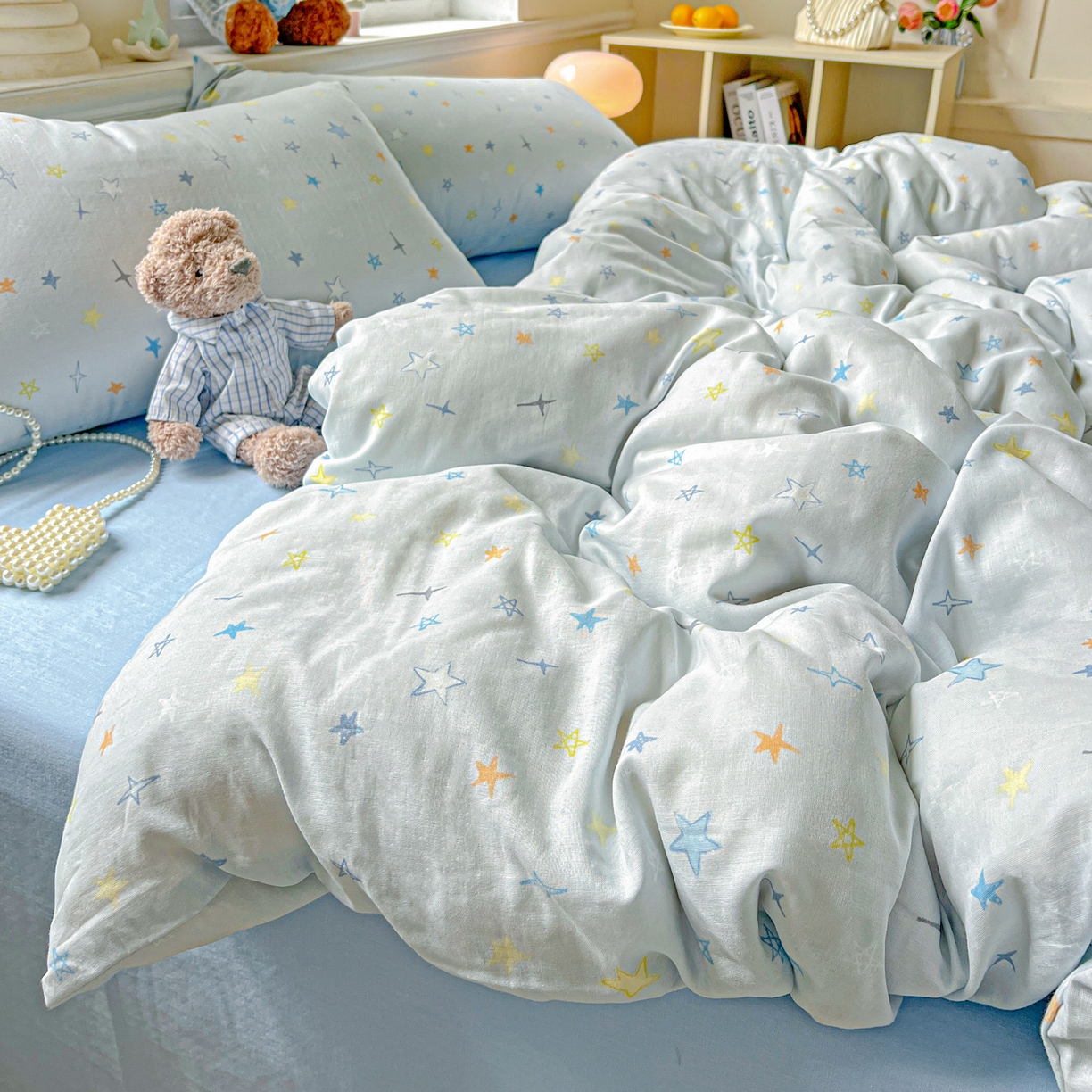 91家纺网 家纺一手货源 找家纺 典曼家纺 2025新款双层纱四件套 星星世界