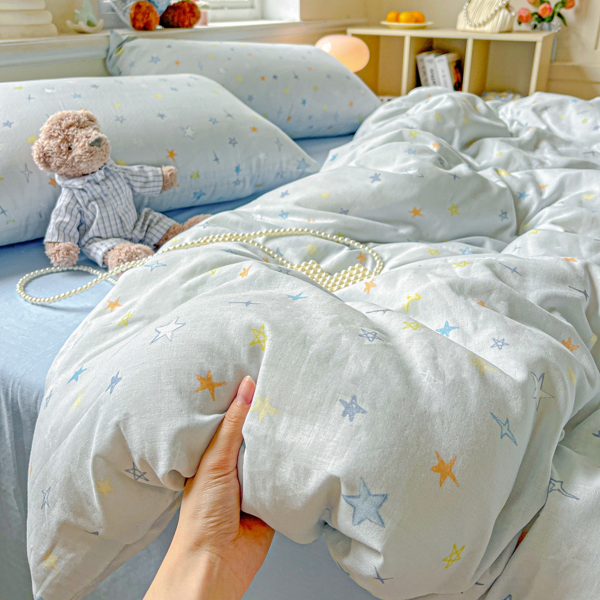 91家纺网 家纺一手货源 找家纺 典曼家纺 2025新款双层纱四件套 星星世界