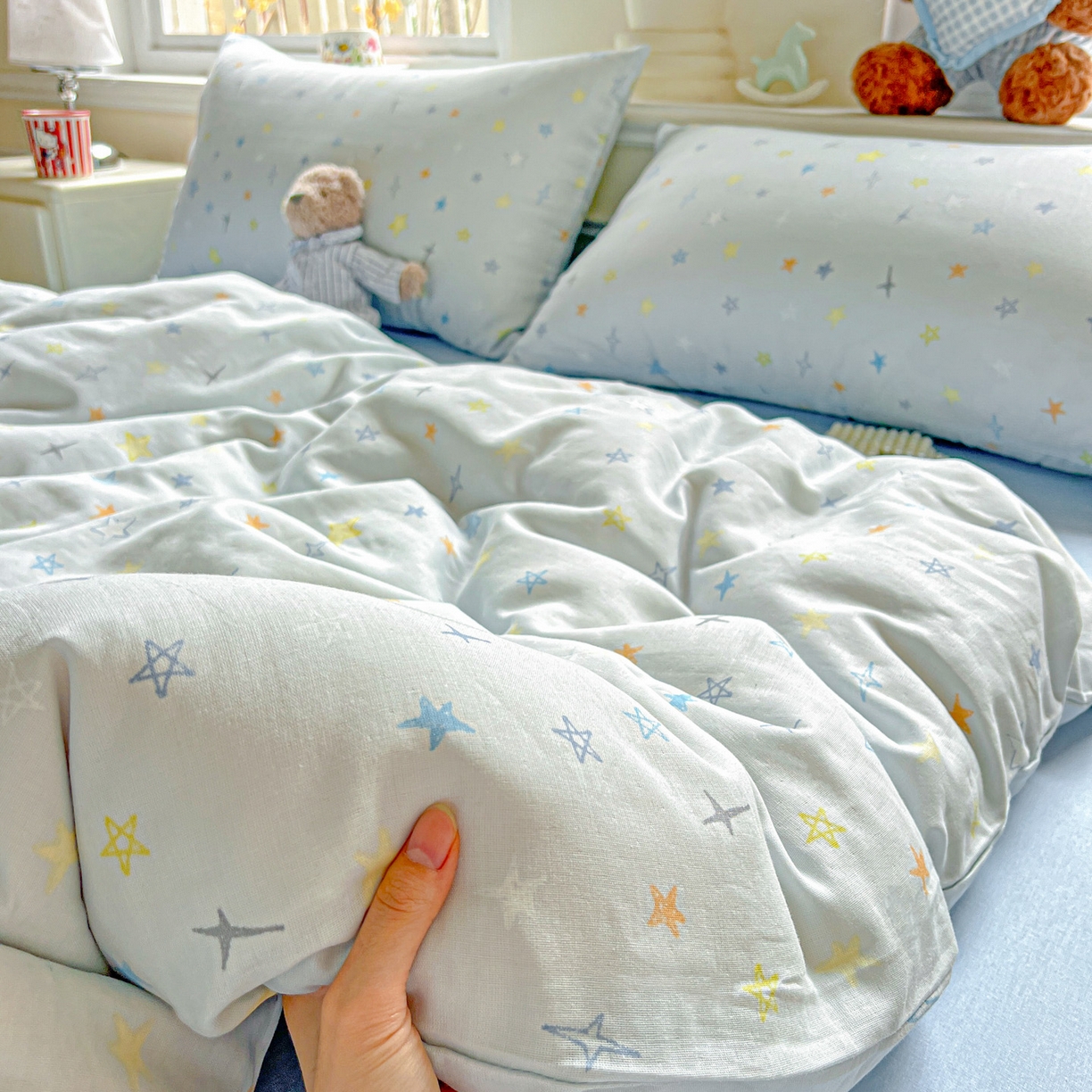 91家纺网 家纺一手货源 找家纺 典曼家纺 2025新款双层纱四件套 星星世界