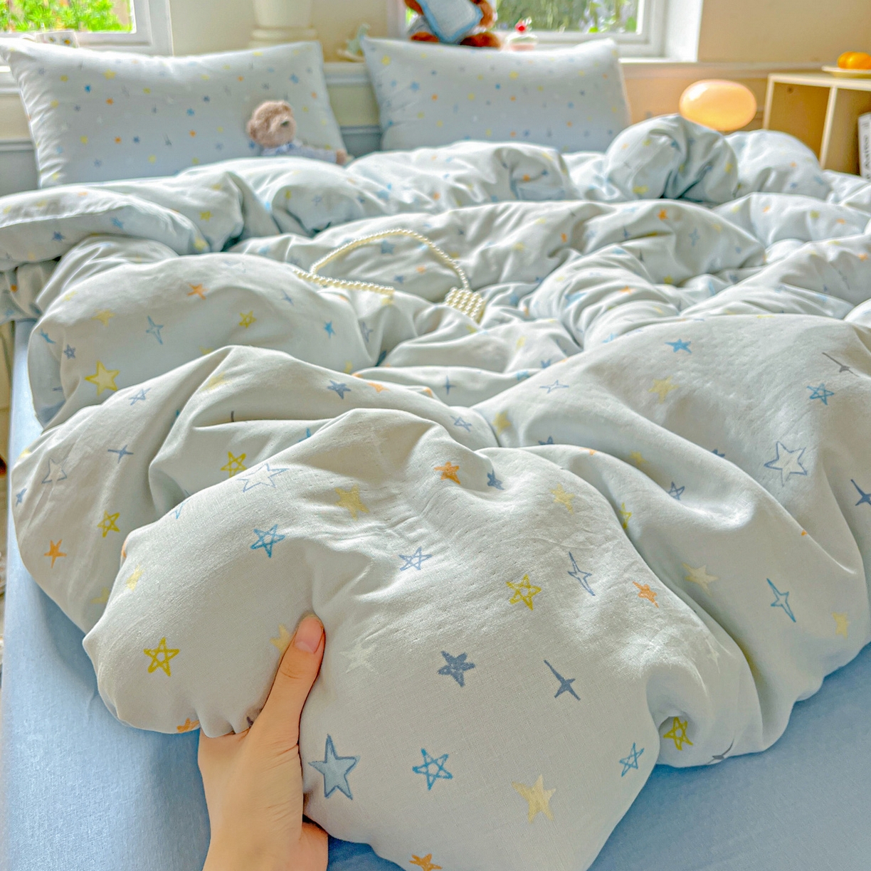 91家纺网 家纺一手货源 找家纺 典曼家纺 2025新款双层纱四件套 星星世界