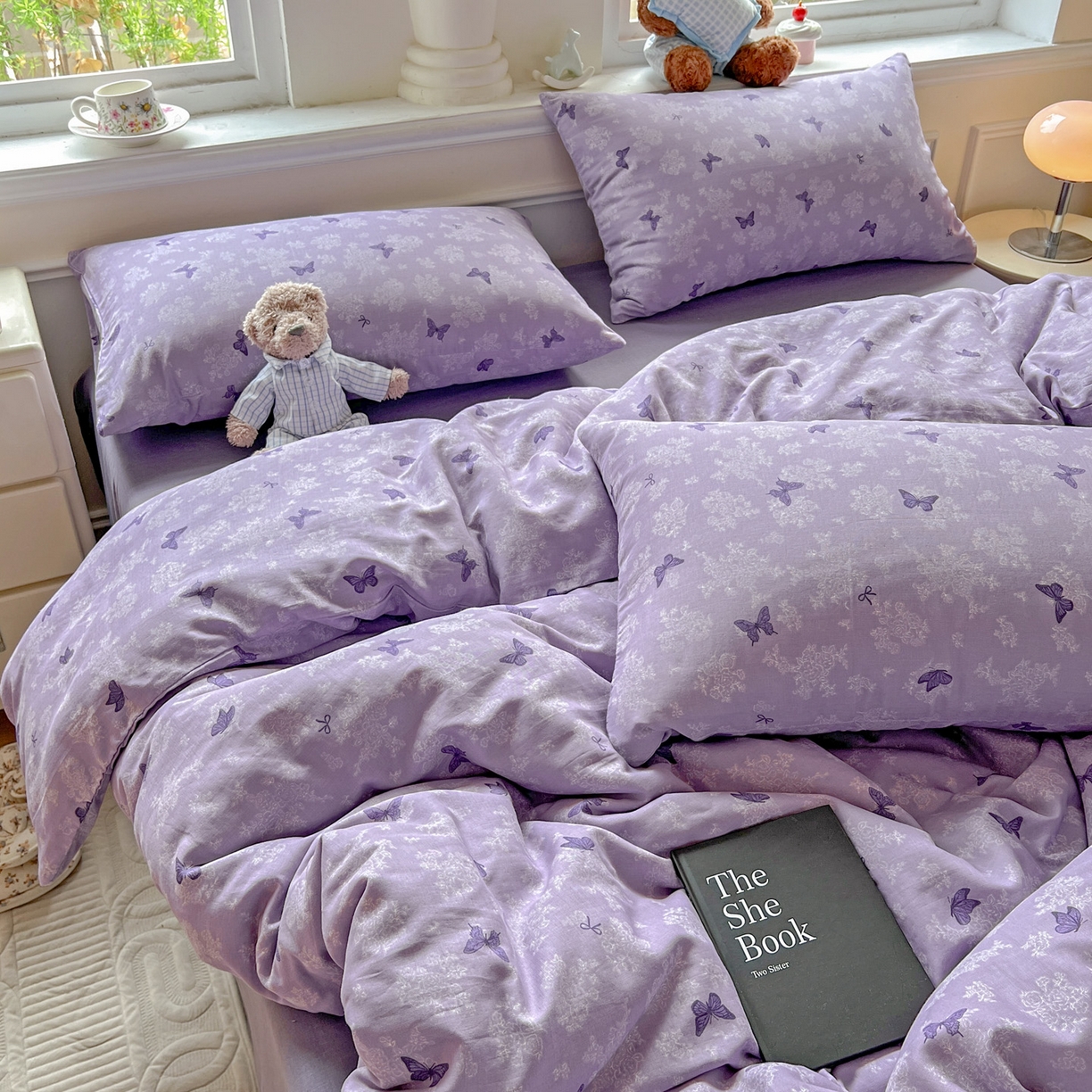 91家纺网 家纺一手货源 找家纺 典曼家纺 2025新款双层纱四件套 紫色幻蝶