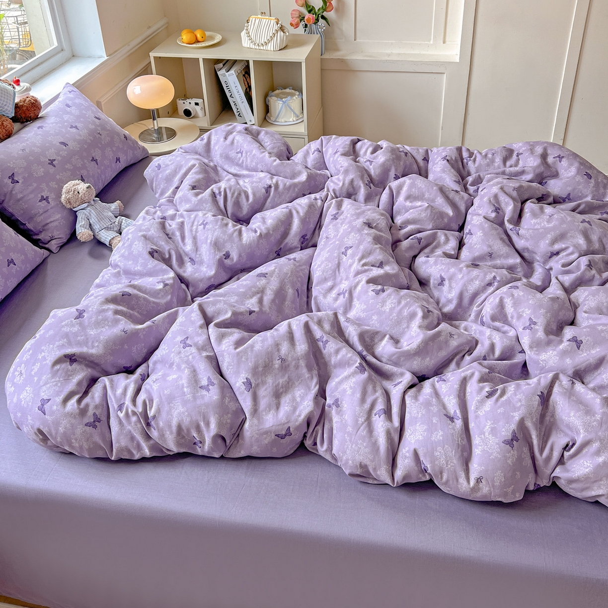 91家纺网 家纺一手货源 找家纺 典曼家纺 2025新款双层纱四件套 紫色幻蝶