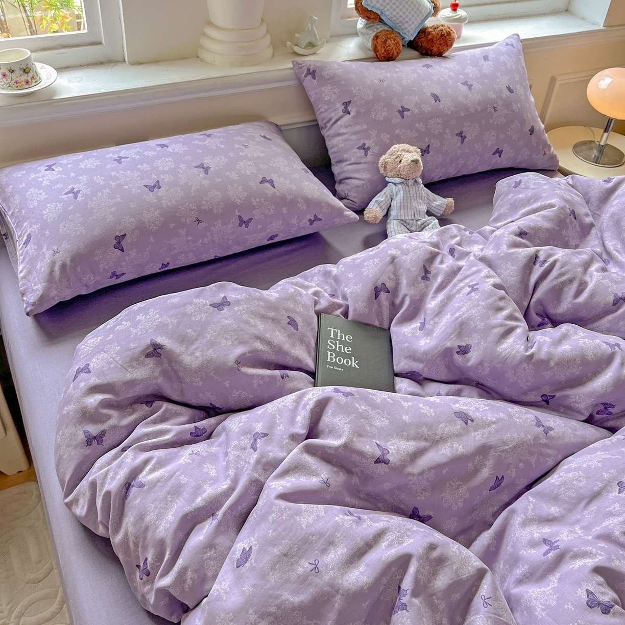 91家纺网 家纺一手货源 找家纺 典曼家纺 2025新款双层纱四件套 紫色幻蝶