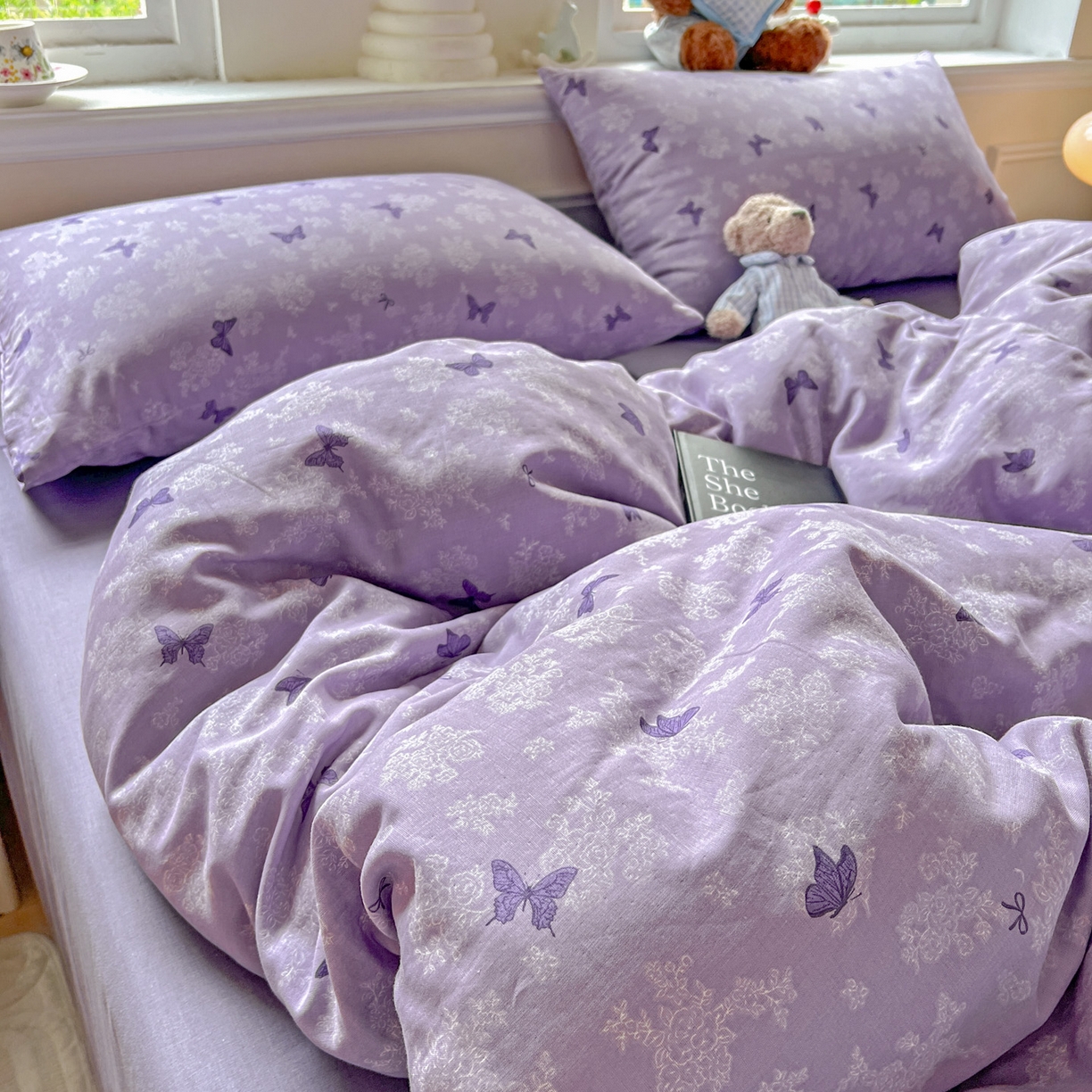 91家纺网 家纺一手货源 找家纺 典曼家纺 2025新款双层纱四件套 紫色幻蝶