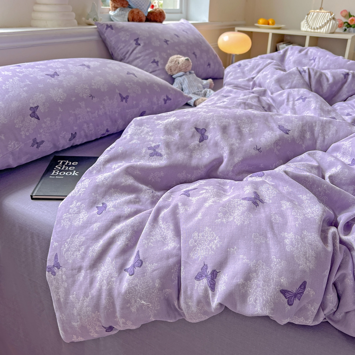 91家纺网 家纺一手货源 找家纺 典曼家纺 2025新款双层纱四件套 紫色幻蝶