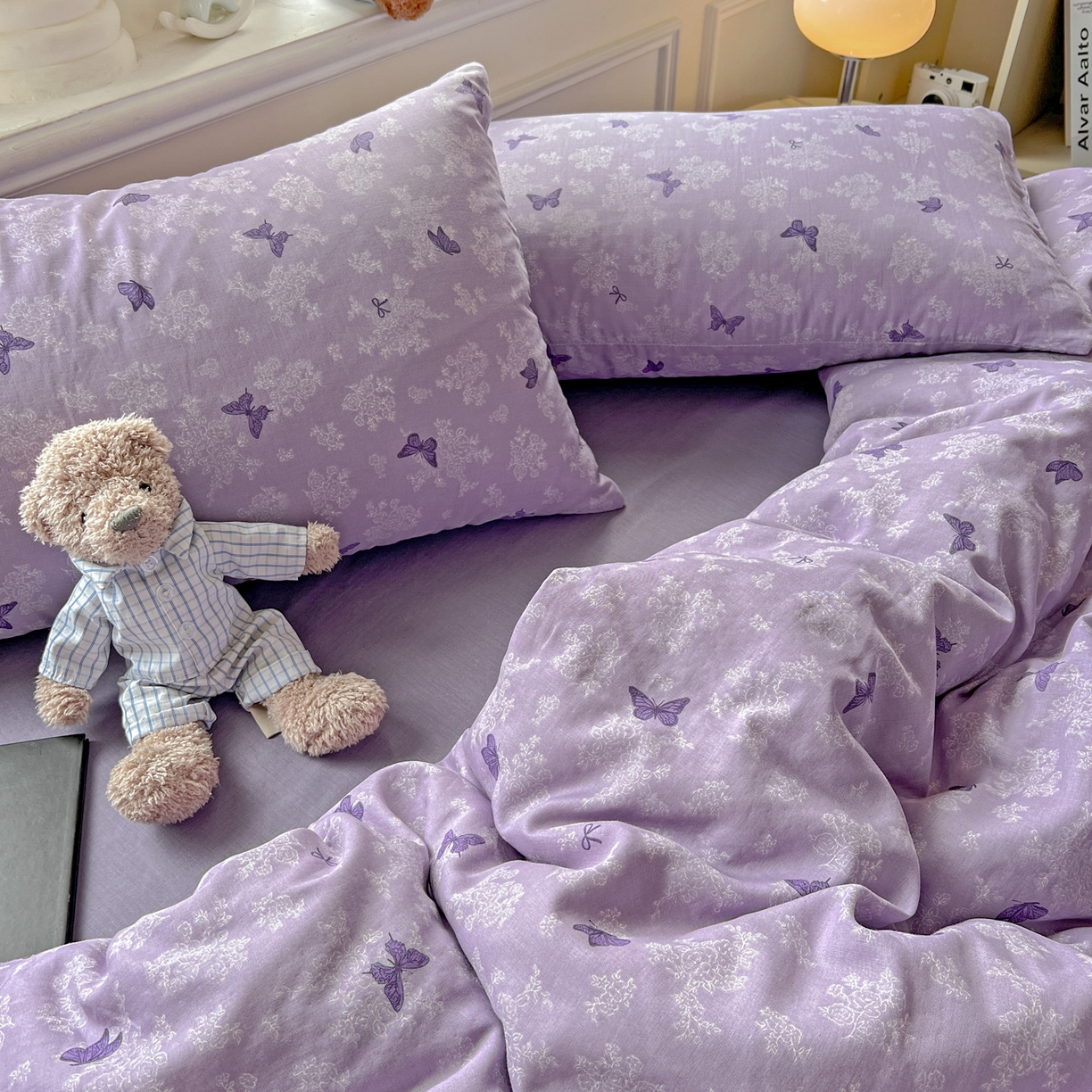 91家纺网 家纺一手货源 找家纺 典曼家纺 2025新款双层纱四件套 紫色幻蝶