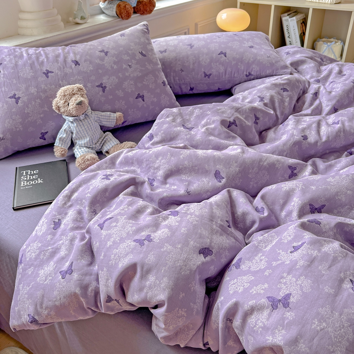 91家纺网 家纺一手货源 找家纺 典曼家纺 2025新款双层纱四件套 紫色幻蝶