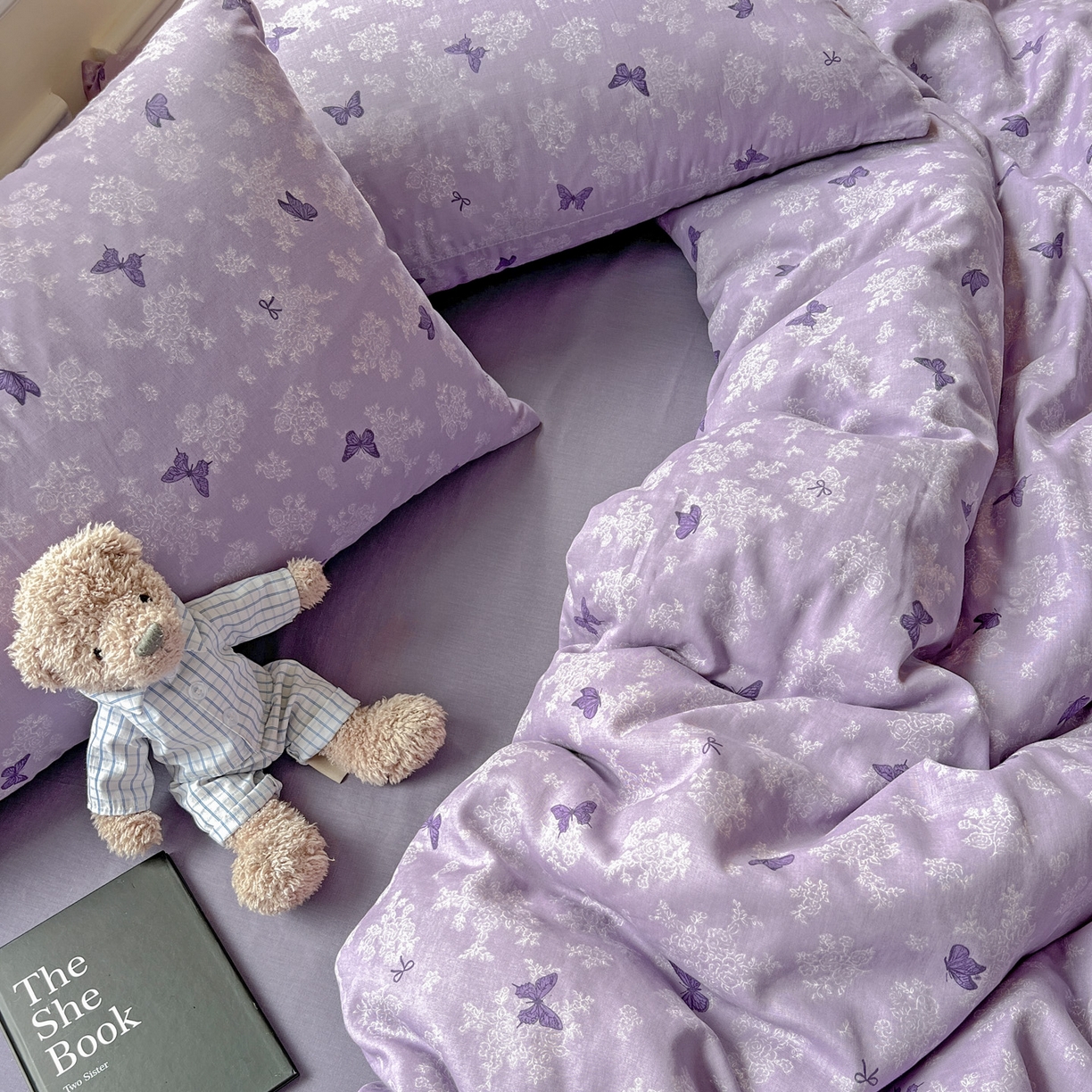 91家纺网 家纺一手货源 找家纺 典曼家纺 2025新款双层纱四件套 紫色幻蝶