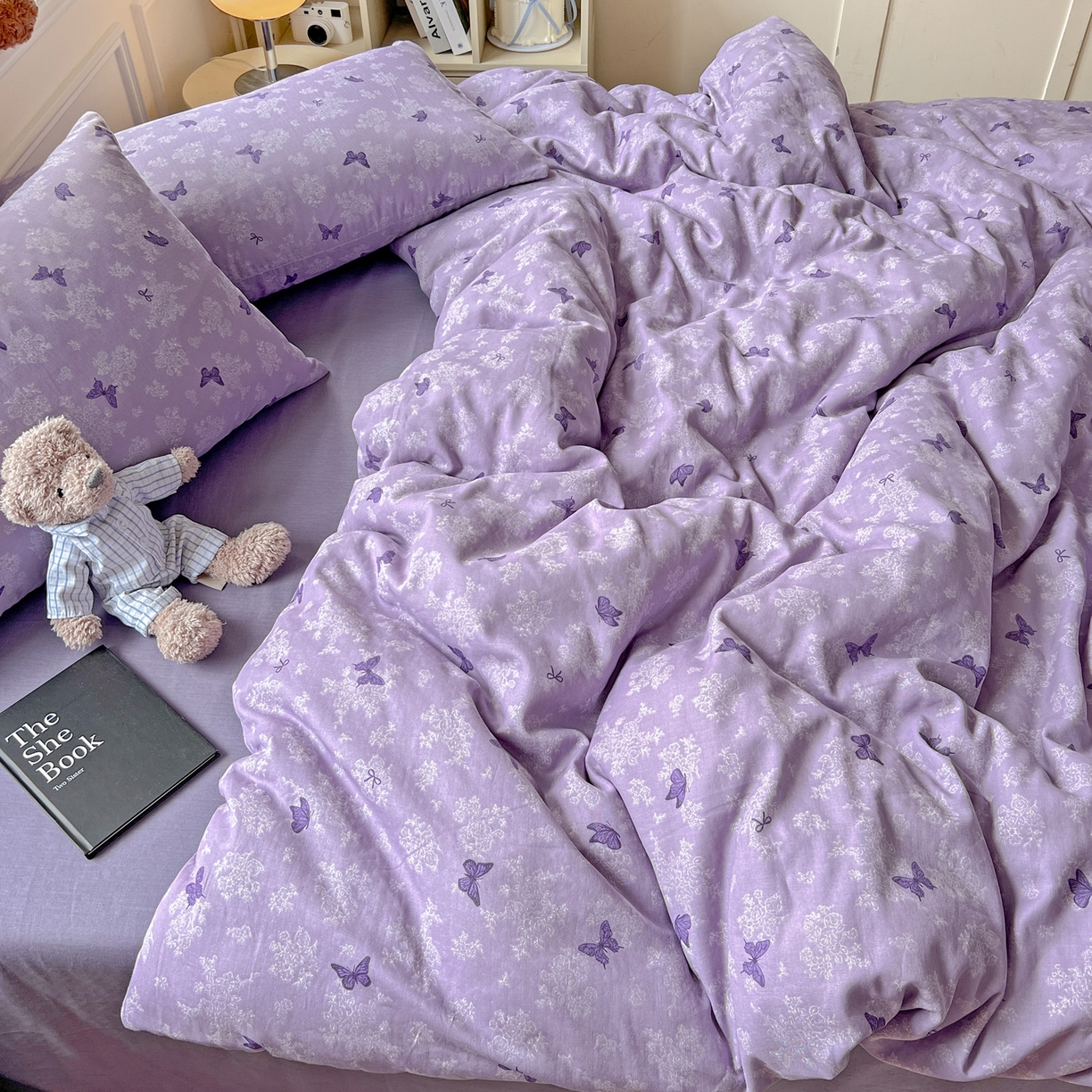 91家纺网 家纺一手货源 找家纺 典曼家纺 2025新款双层纱四件套 紫色幻蝶