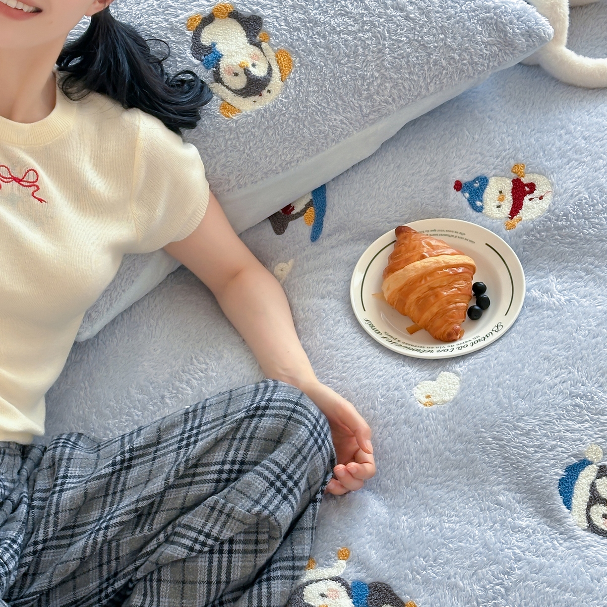 91家纺网 家纺一手货源 找家纺 圆岛家纺 2025新款泰迪绒毛巾绣牛奶绒四件套 雪地企鹅