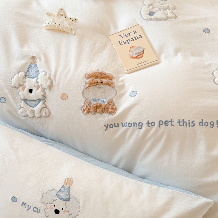 91家纺网 家纺一手货源 找家纺 （总）优迈 2025新款全棉水洗棉贴布卡通四件套-泡芙狗狗