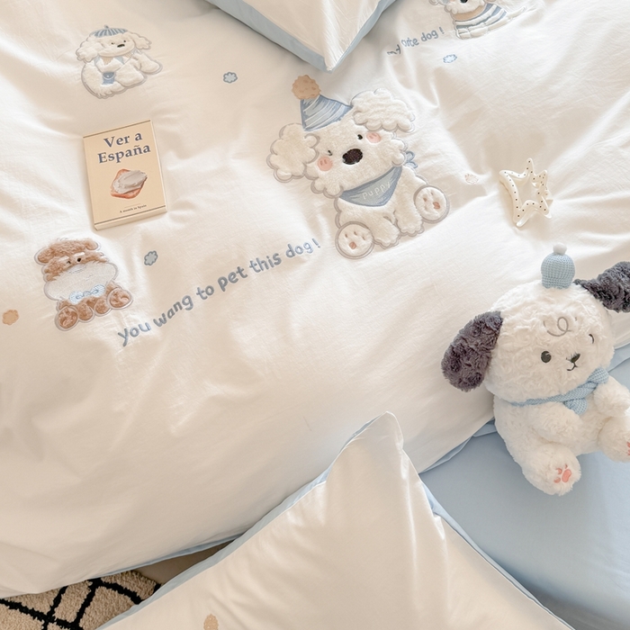 91家纺网 家纺一手货源 找家纺 （总）优迈 2025新款全棉水洗棉贴布卡通四件套-泡芙狗狗