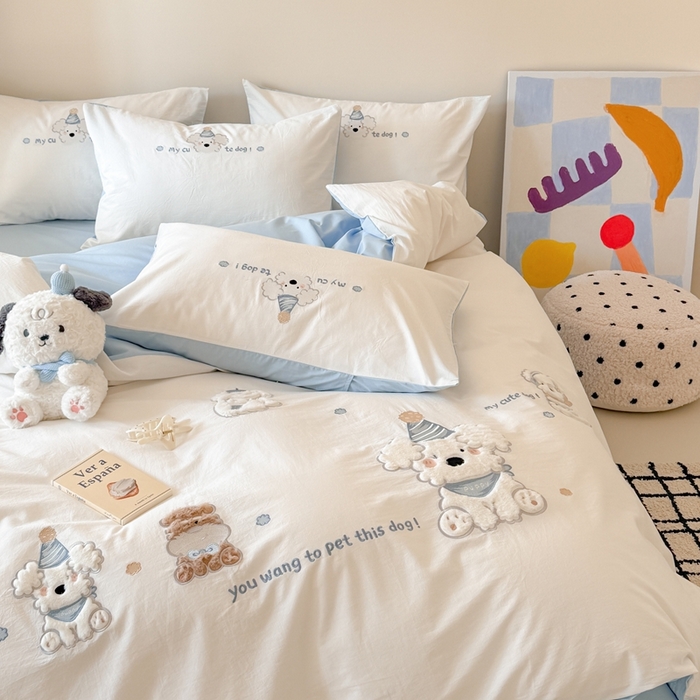 91家纺网 家纺一手货源 找家纺 优迈 2025新款全棉水洗棉贴布卡通四件套-泡芙狗狗 泡芙狗狗-白