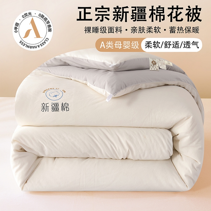 爱诗诺家纺 2025新款拼色无印风新疆棉花被春秋被夏被四季被被子被芯 白+灰