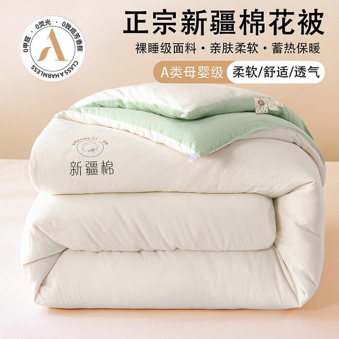 91家纺网 家纺一手货源 找家纺 爱诗诺家纺 2025新款拼色无印风新疆棉花被春秋被夏被四季被被子被芯 白+绿