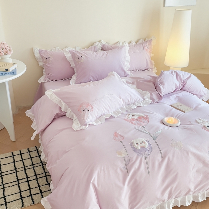 91家纺网 家纺一手货源 找家纺 优迈 2025新品全棉加厚水洗棉韩版小清新绣花工艺贴布绣四件套--郁金香小兔 郁金香小兔 浅紫