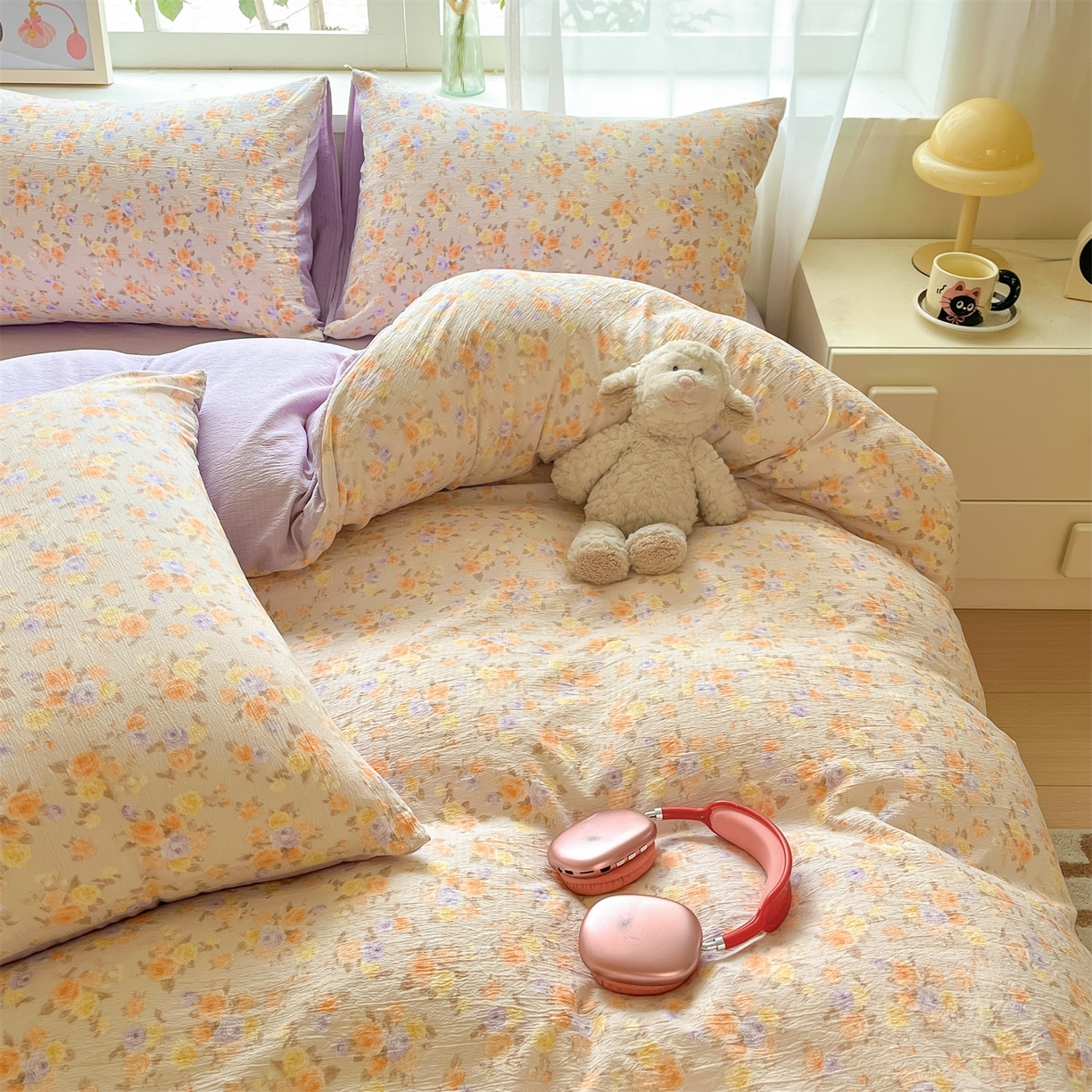 91家纺网 家纺一手货源 找家纺 如约 2025新款木棉双层纱印花四件套 露华浓