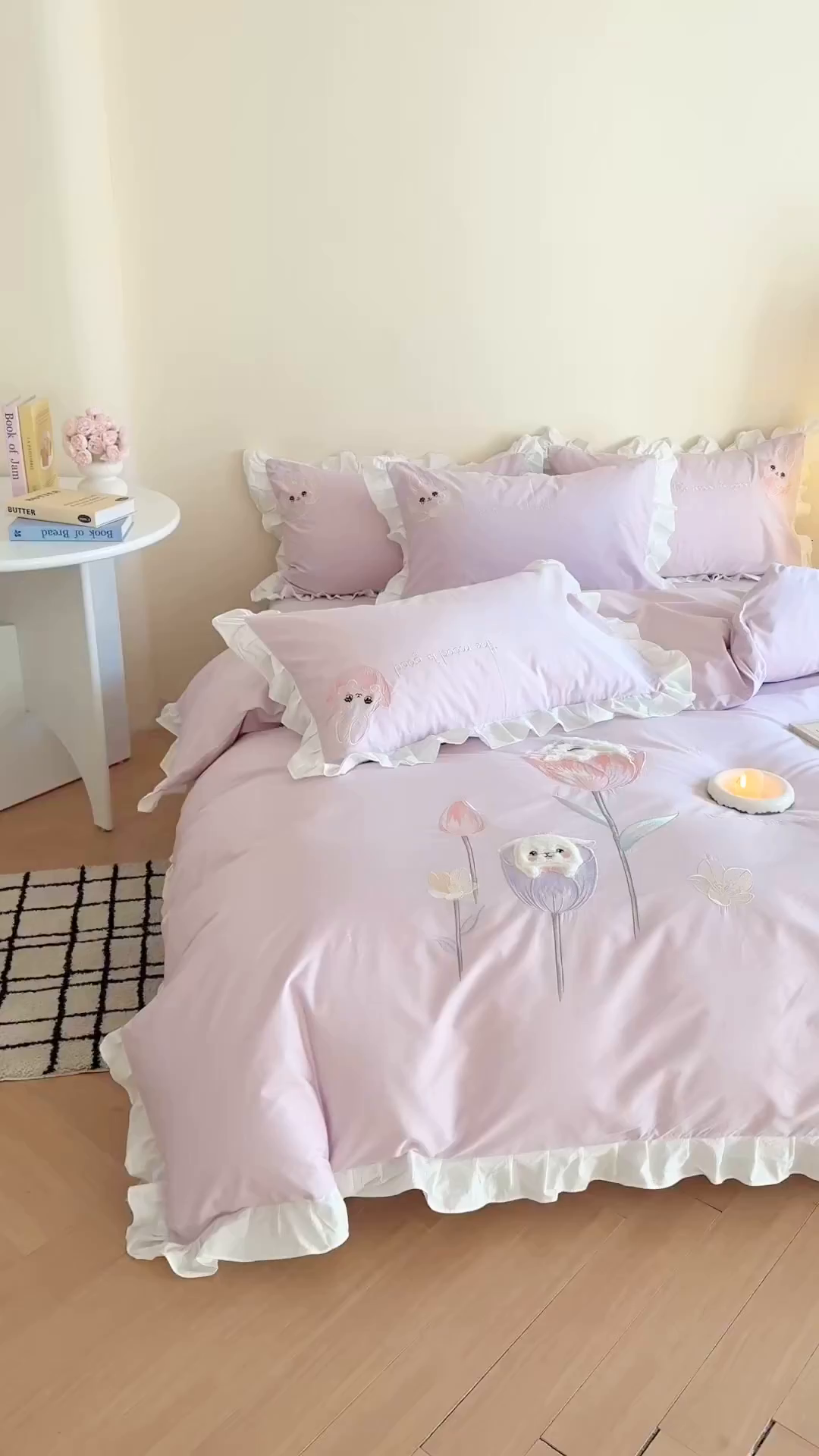 91家纺网 家纺一手货源 找家纺 优迈 2025新品全棉加厚水洗棉韩版小清新绣花工艺贴布绣四件套--郁金香小兔 郁金香小兔 浅紫