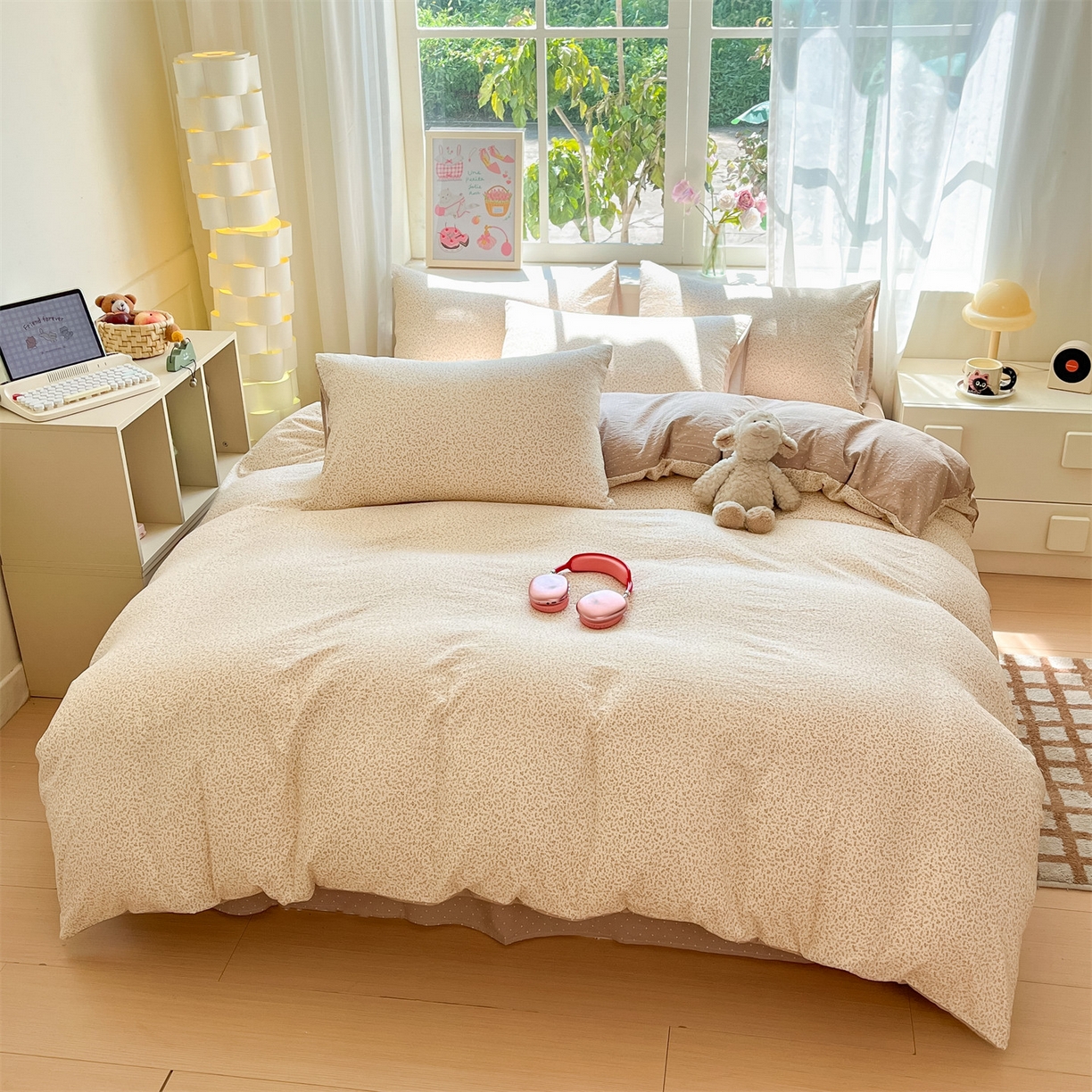 91家纺网 家纺一手货源 找家纺 如约 2025新款木棉双层纱印花四件套 小花巧克力棕