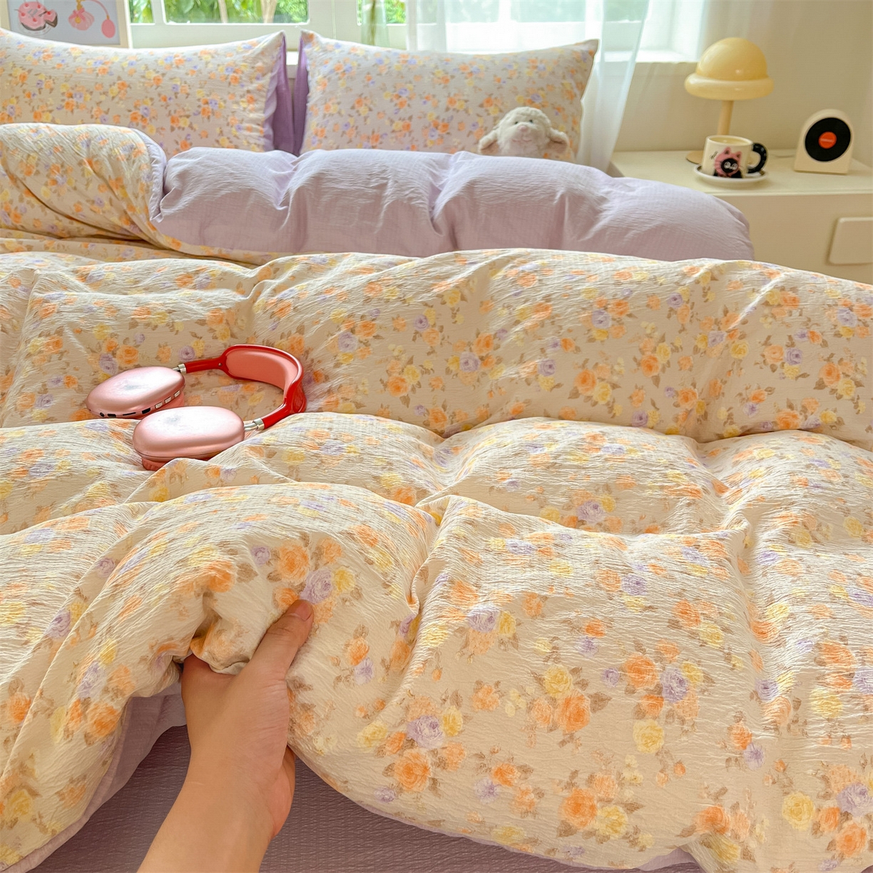 91家纺网 家纺一手货源 找家纺 如约 2025新款木棉双层纱印花四件套 露华浓