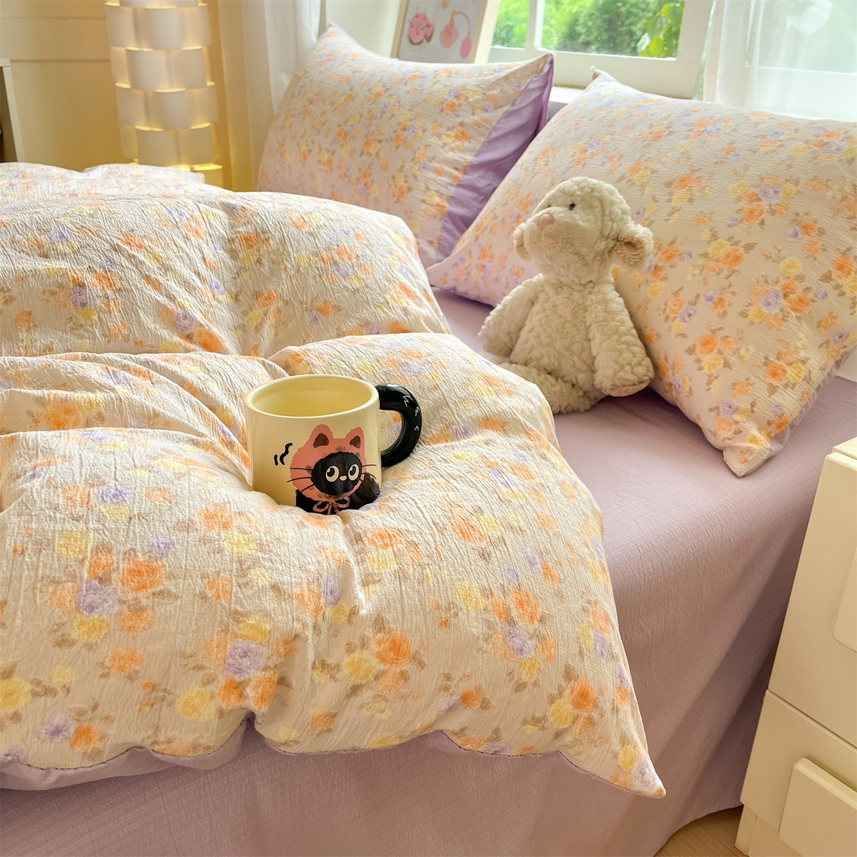 91家纺网 家纺一手货源 找家纺 如约 2025新款木棉双层纱印花四件套 露华浓