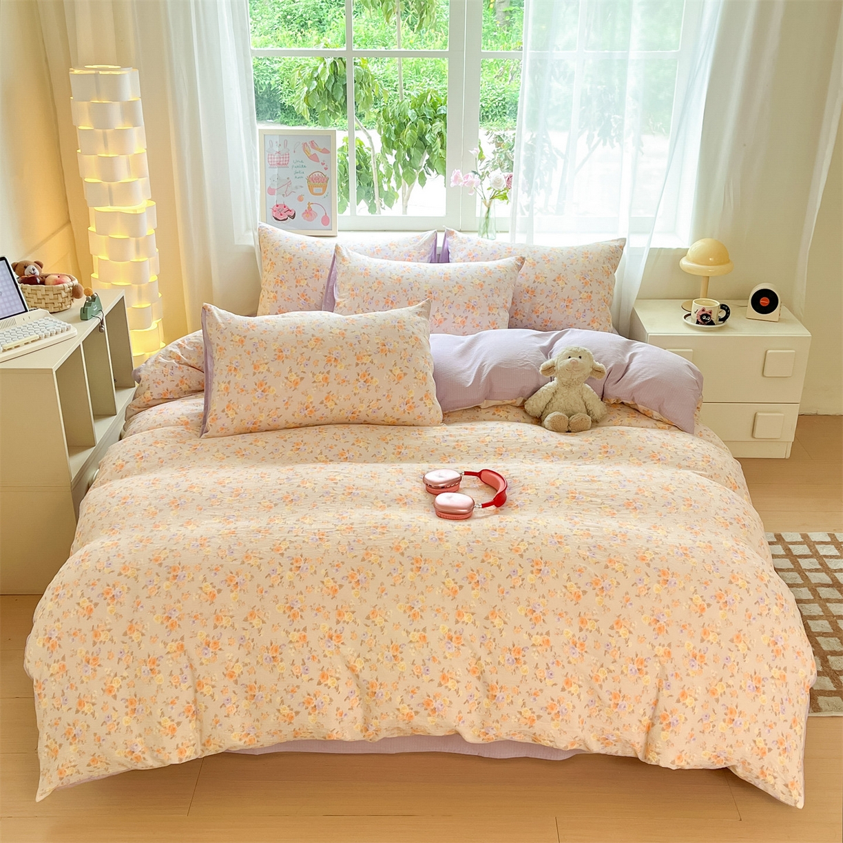 91家纺网 家纺一手货源 找家纺 如约 2025新款木棉双层纱印花四件套 露华浓