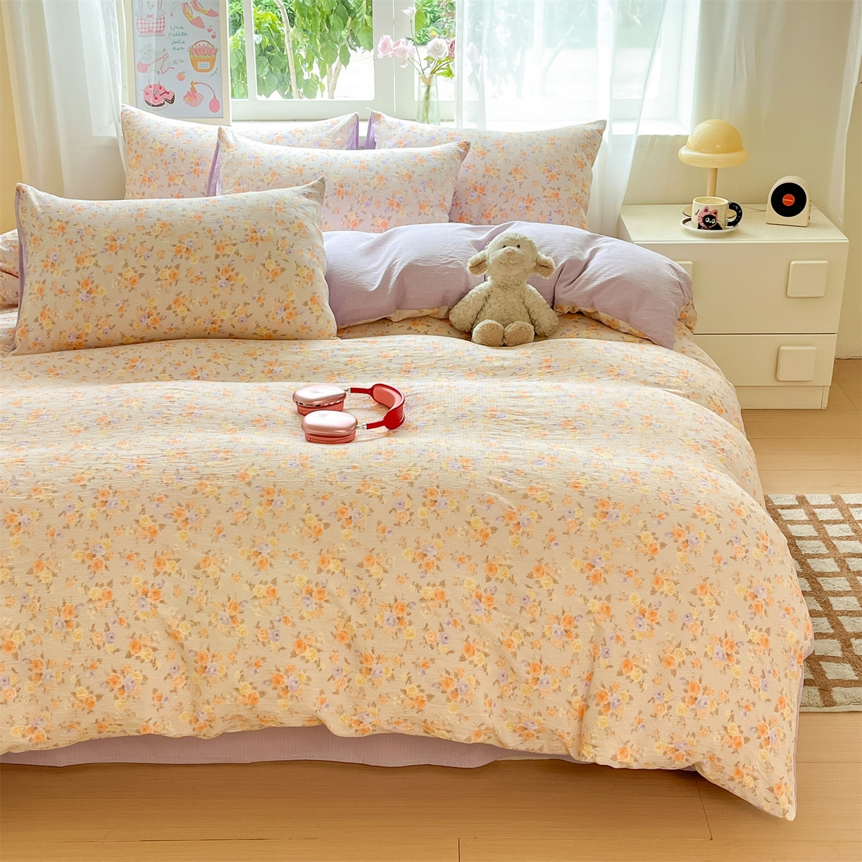 91家纺网 家纺一手货源 找家纺 如约 2025新款木棉双层纱印花四件套 露华浓