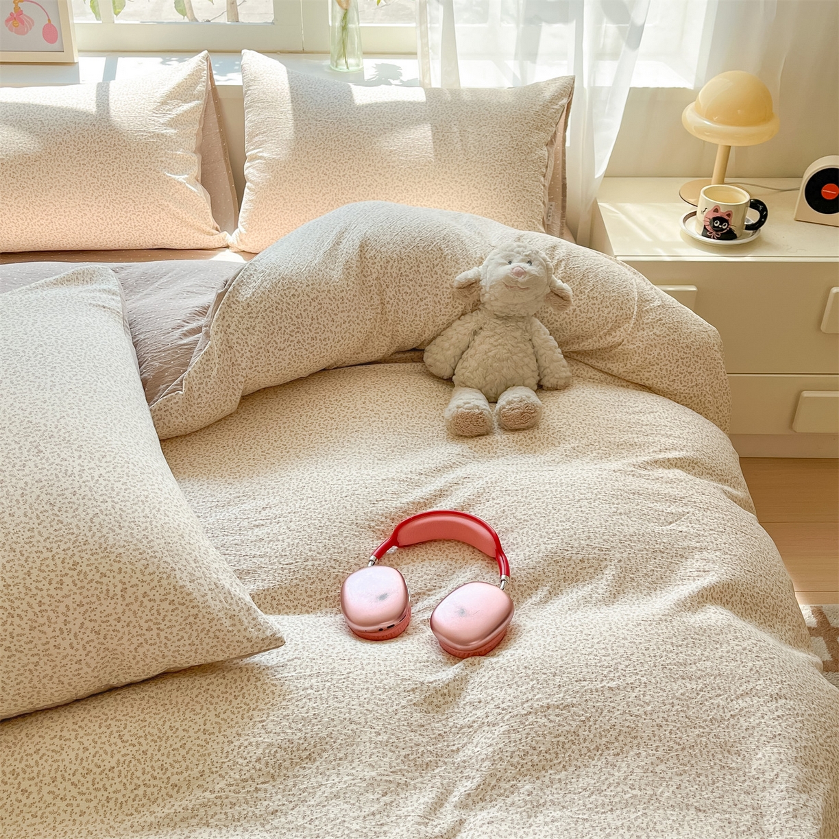 91家纺网 家纺一手货源 找家纺 如约 2025新款木棉双层纱印花四件套 小花巧克力棕