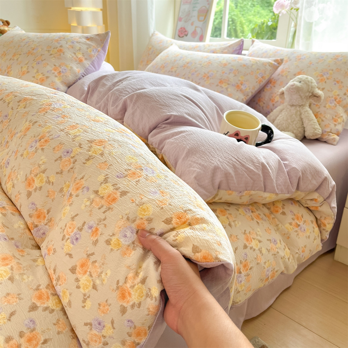 91家纺网 家纺一手货源 找家纺 如约 2025新款木棉双层纱印花四件套 露华浓