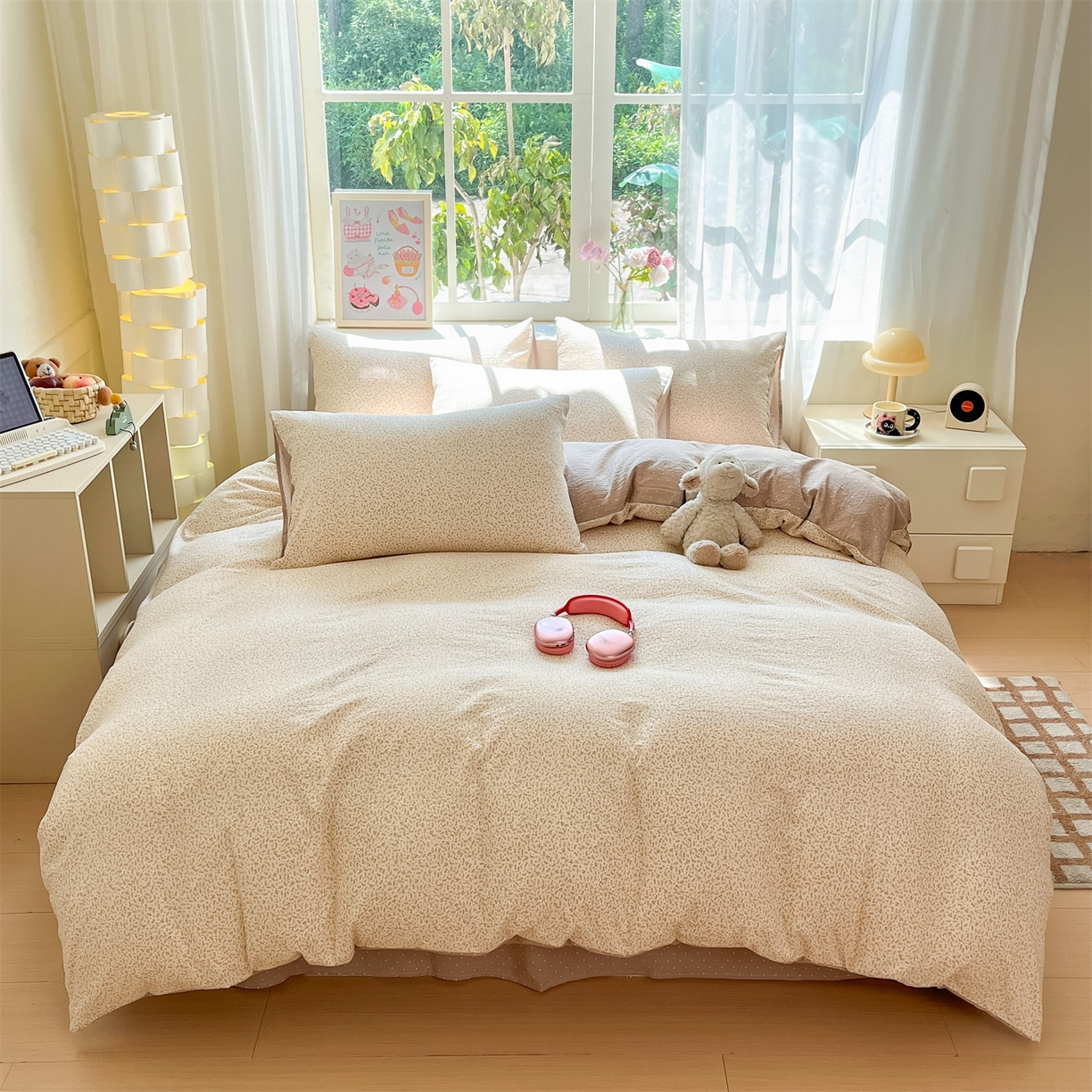 91家纺网 家纺一手货源 找家纺 如约 2025新款木棉双层纱印花四件套 小花巧克力棕