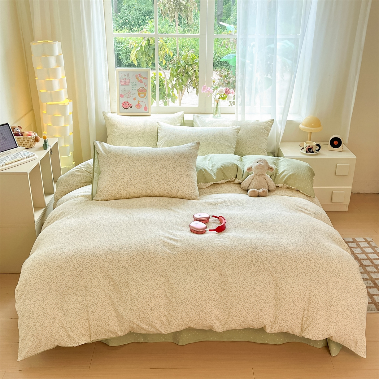 91家纺网 家纺一手货源 找家纺 如约 2025新款木棉双层纱印花四件套 小花抹茶绿