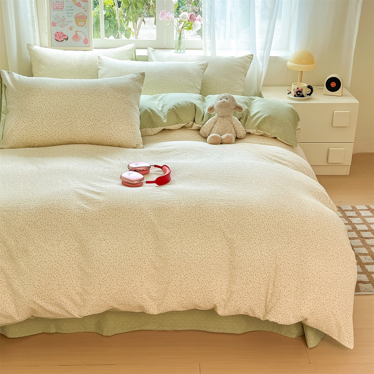 91家纺网 家纺一手货源 找家纺 如约 2025新款木棉双层纱印花四件套 小花抹茶绿