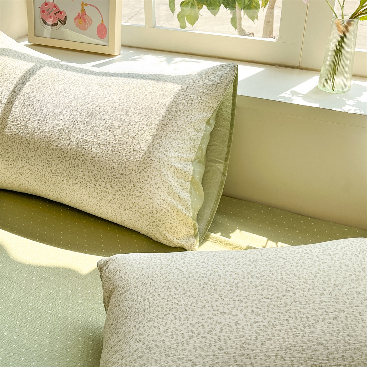 91家纺网 家纺一手货源 找家纺 如约 2025新款木棉双层纱印花四件套 小花抹茶绿