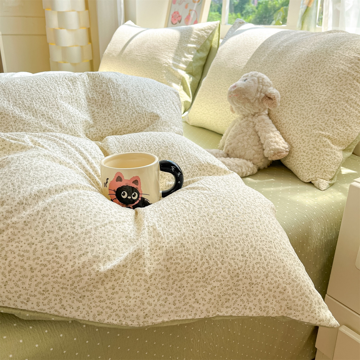 91家纺网 家纺一手货源 找家纺 如约 2025新款木棉双层纱印花四件套 小花抹茶绿