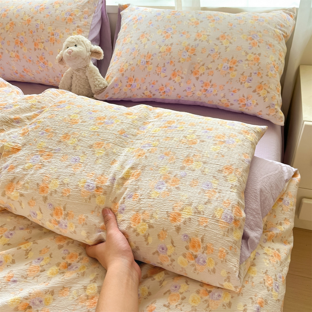 91家纺网 家纺一手货源 找家纺 如约 2025新款木棉双层纱印花四件套 露华浓