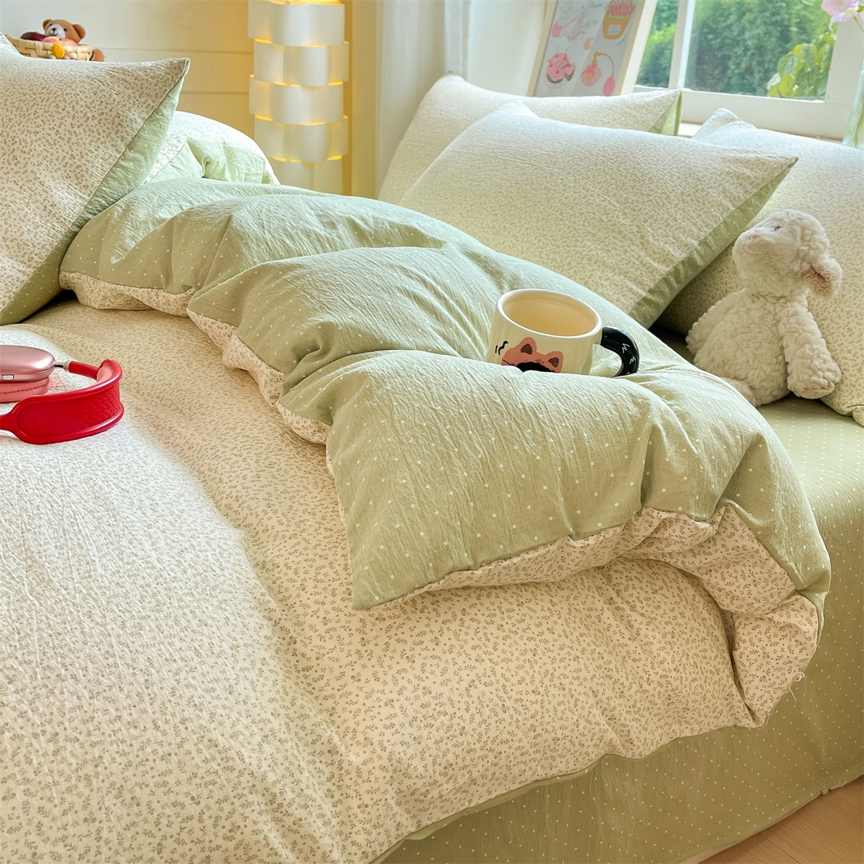 91家纺网 家纺一手货源 找家纺 如约 2025新款木棉双层纱印花四件套 小花抹茶绿