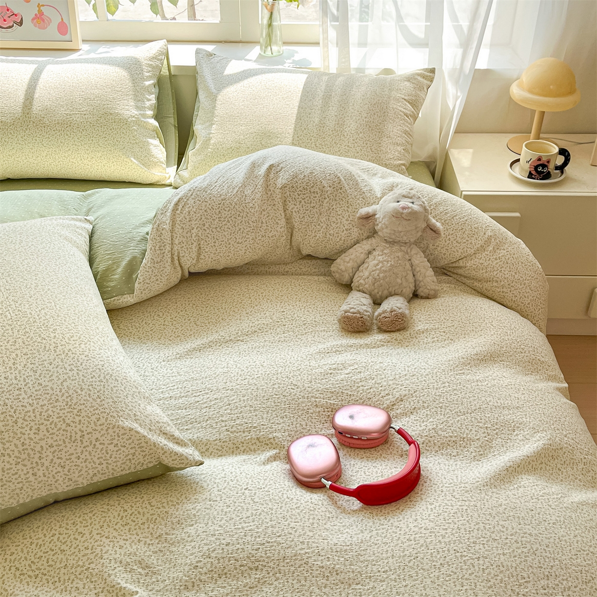 91家纺网 家纺一手货源 找家纺 如约 2025新款木棉双层纱印花四件套 小花抹茶绿