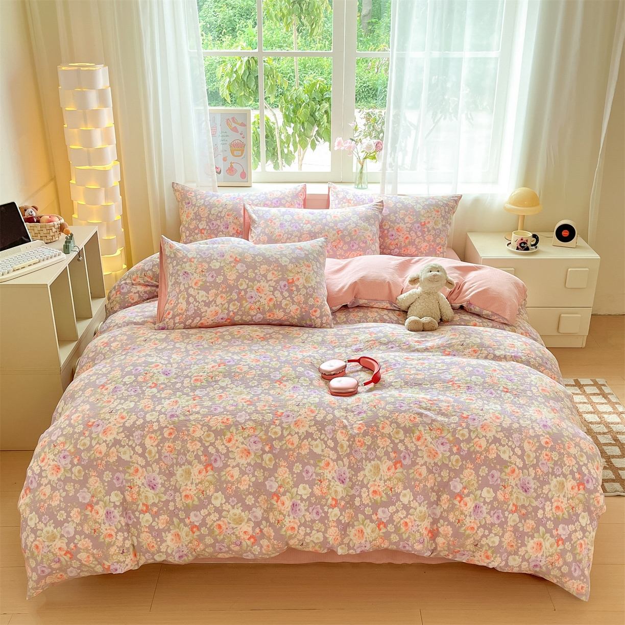 91家纺网 家纺一手货源 找家纺 如约 2025新款木棉双层纱印花四件套 朝颜