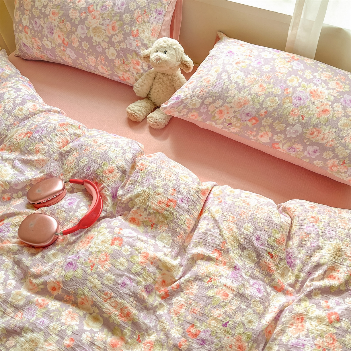 91家纺网 家纺一手货源 找家纺 如约 2025新款木棉双层纱印花四件套 朝颜