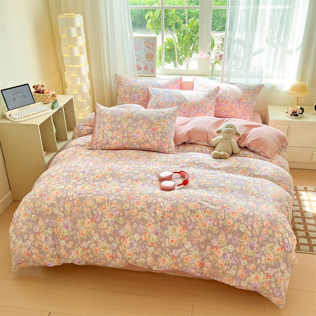 91家纺网 家纺一手货源 找家纺 如约 2025新款木棉双层纱印花四件套 朝颜