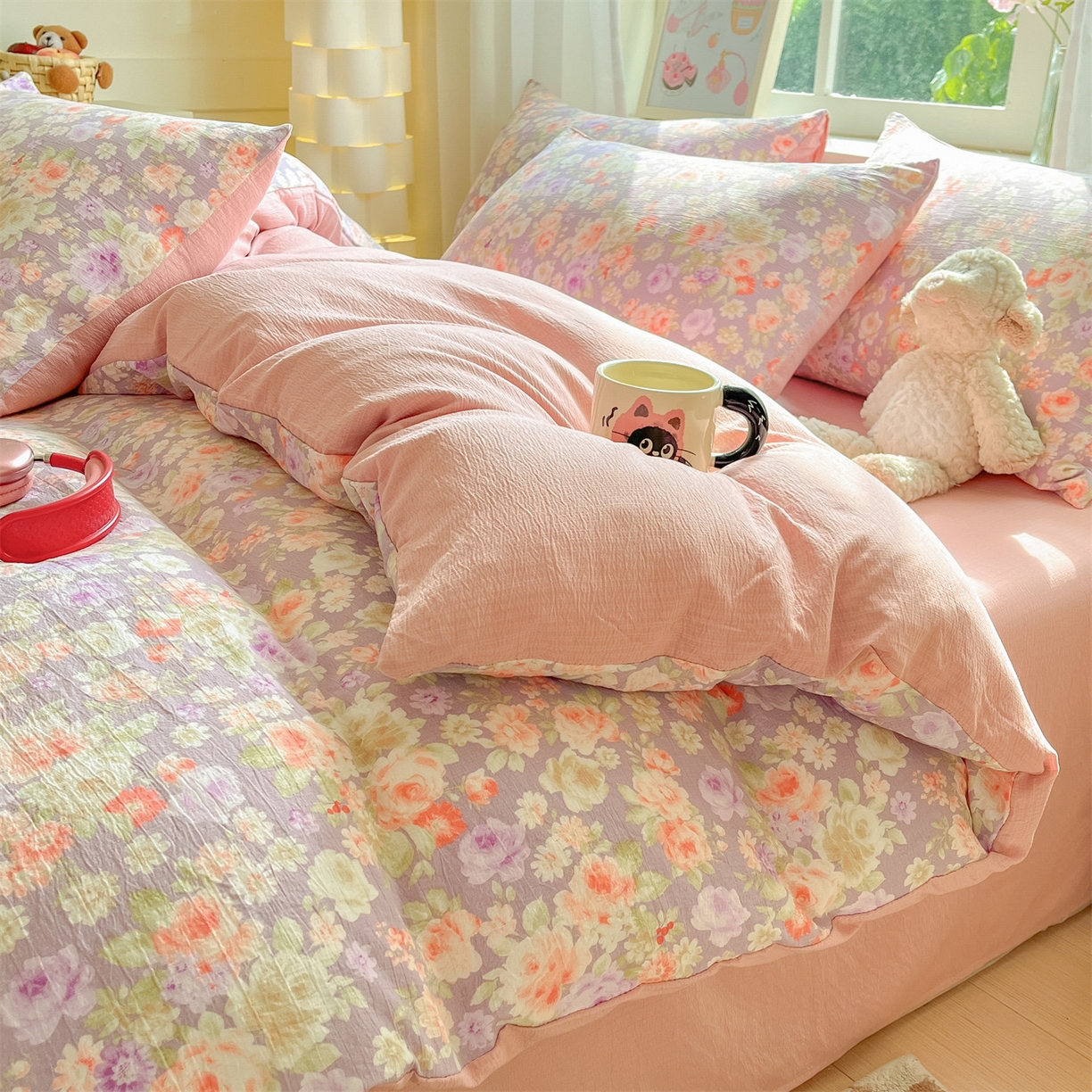 91家纺网 家纺一手货源 找家纺 如约 2025新款木棉双层纱印花四件套 朝颜