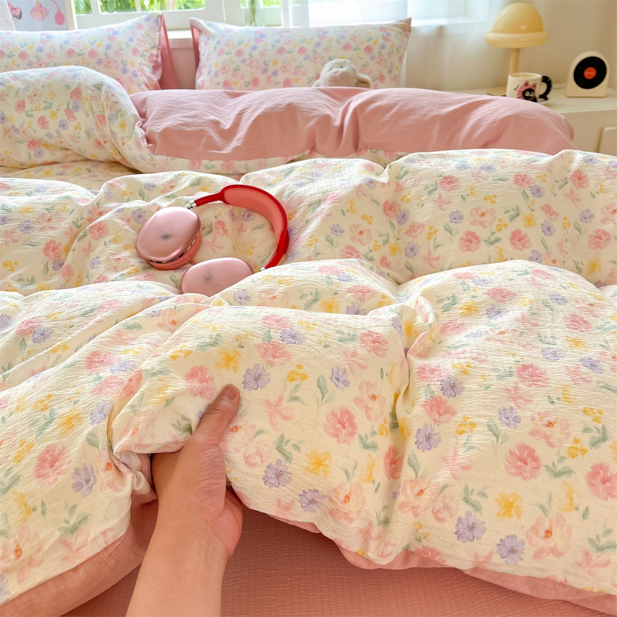 91家纺网 家纺一手货源 找家纺 如约 2025新款木棉双层纱印花四件套 春日来信