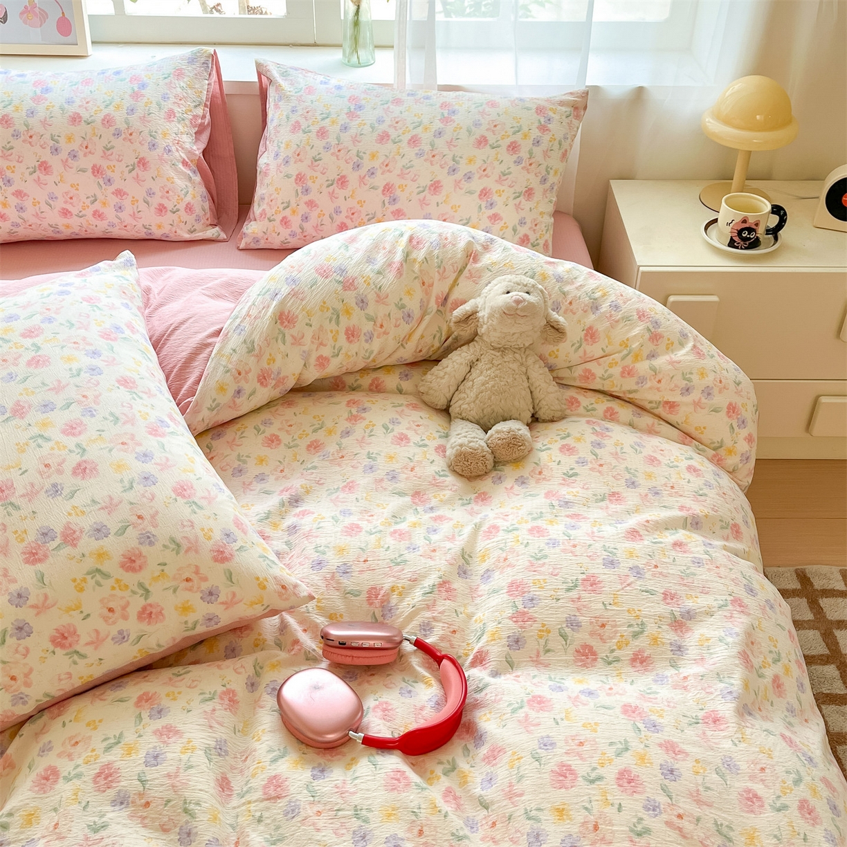 91家纺网 家纺一手货源 找家纺 如约 2025新款木棉双层纱印花四件套 春日来信