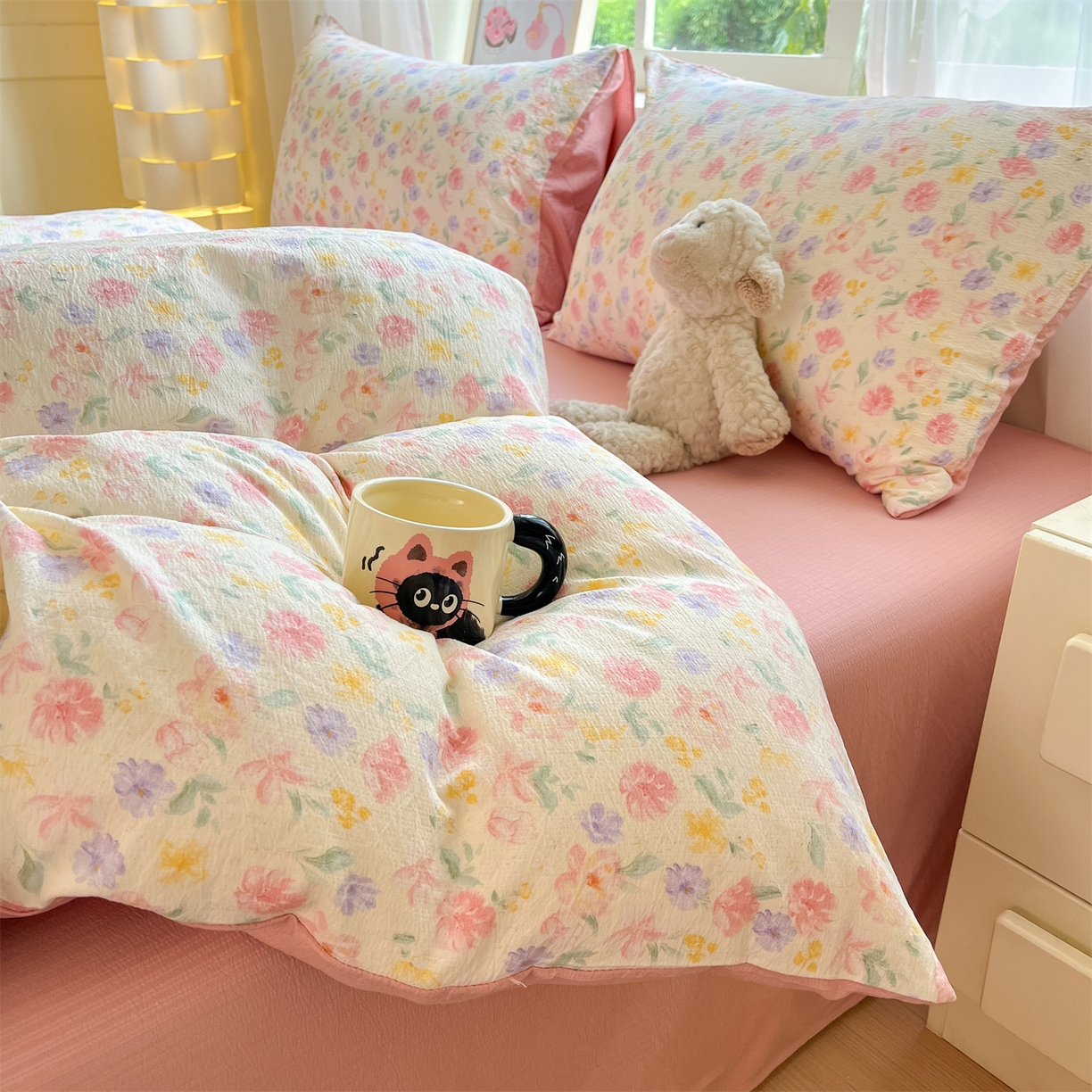 91家纺网 家纺一手货源 找家纺 如约 2025新款木棉双层纱印花四件套 春日来信