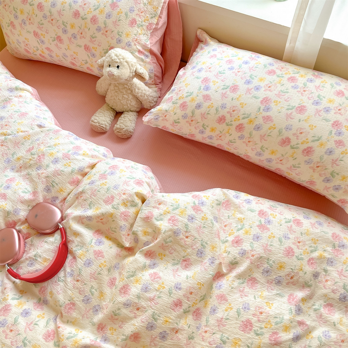 91家纺网 家纺一手货源 找家纺 如约 2025新款木棉双层纱印花四件套 春日来信