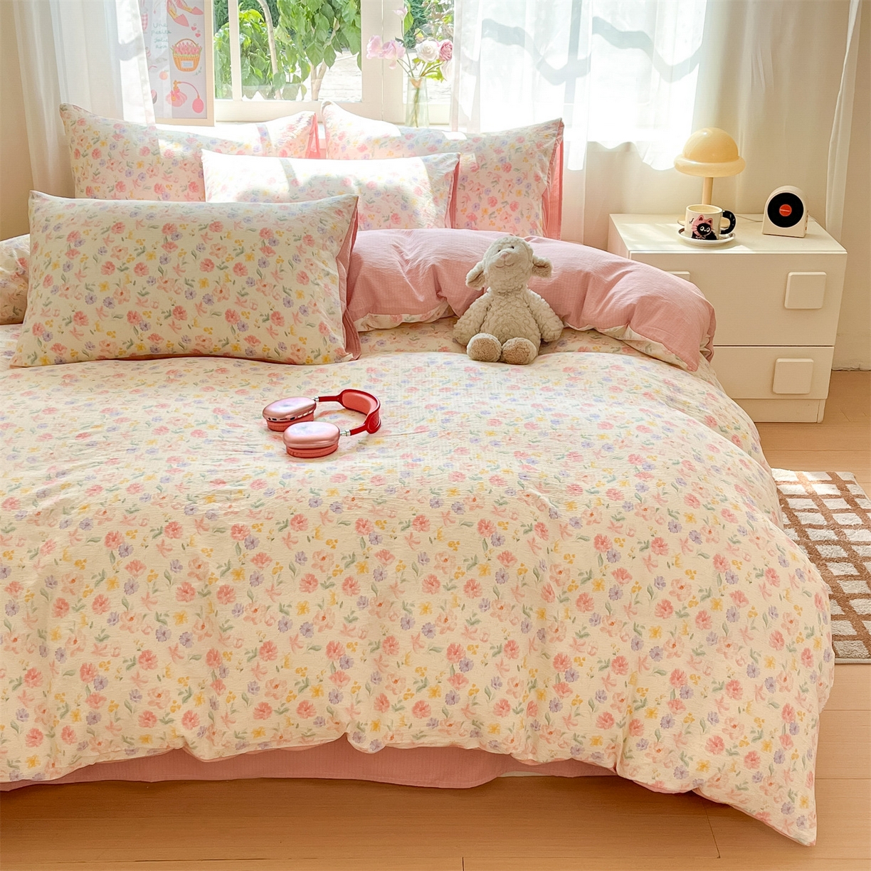 91家纺网 家纺一手货源 找家纺 如约 2025新款木棉双层纱印花四件套 春日来信