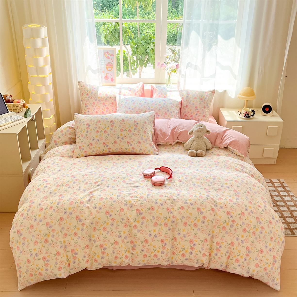 91家纺网 家纺一手货源 找家纺 如约 2025新款木棉双层纱印花四件套 春日来信