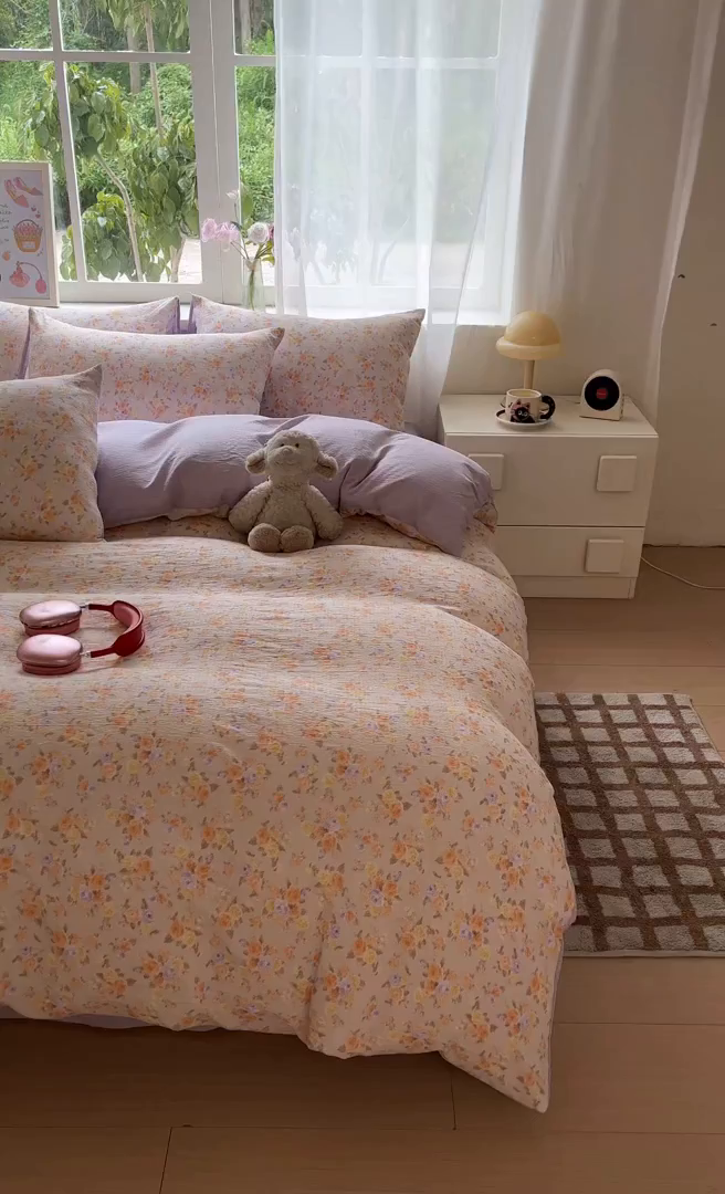 91家纺网 家纺一手货源 找家纺 如约 2025新款木棉双层纱印花四件套 露华浓