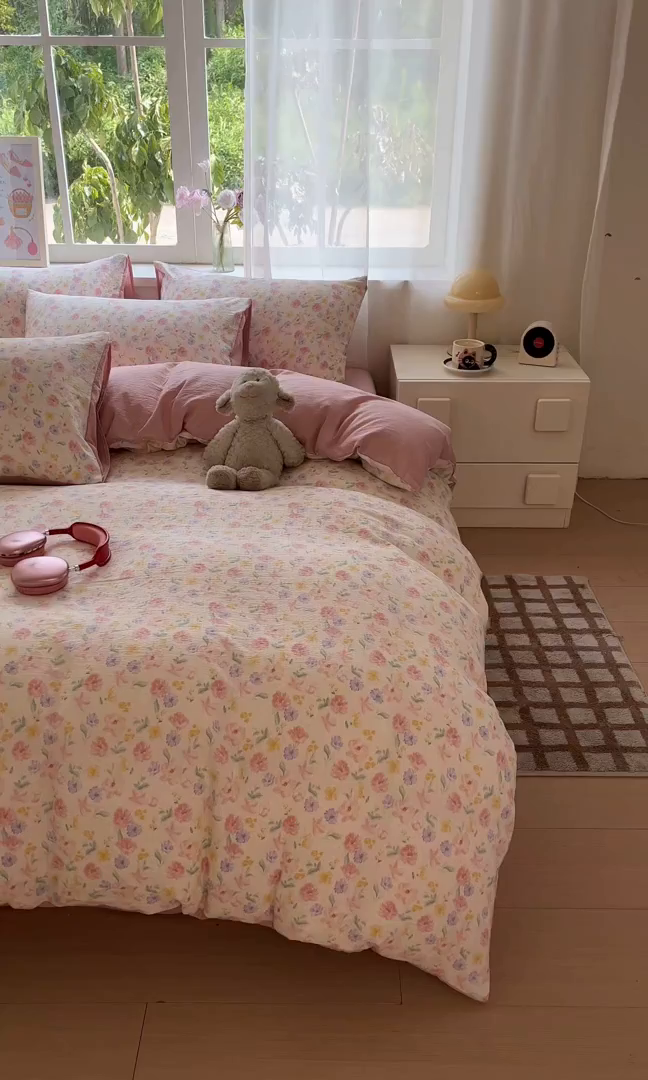 91家纺网 家纺一手货源 找家纺 如约 2025新款木棉双层纱印花四件套 春日来信